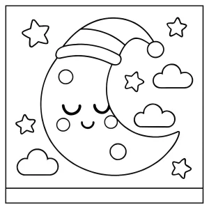 Kawaii sleeping moon coloring page with cute crescent moon, stars, and clouds for kids to color