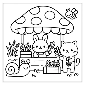 Kawaii mushroom farmers' market coloring page with adorable critters selling herbs and produce at cute stalls