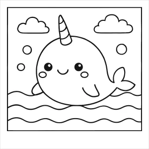 Kawaii narwhal in the ocean coloring page with cute sea animal design for kids to print and color.