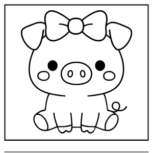 Kawaii pig with a bow coloring page - free printable for kids and families
