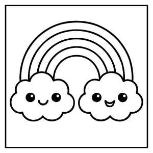 Kawaii rainbow with clouds coloring page for kids to print and color