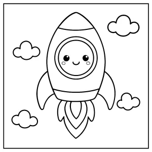 Kawaii rocket with smiling window coloring page for kids to print and color