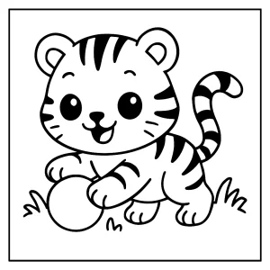 Kawaii tiger cub playing coloring page for free printable fun