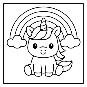 Kawaii unicorn with rainbow coloring page for kids to print and color