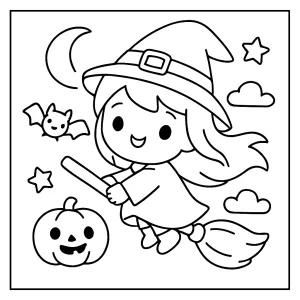 Kawaii witch on a broom coloring page featuring a cute witch with a pointy hat flying on a broomstick over a magical scene