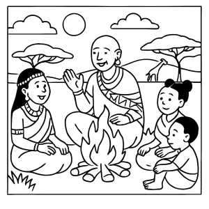 Kenya savanna storytelling around fire coloring page featuring families, wildlife, and a campfire scene for kids to color