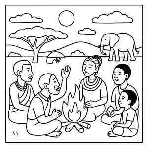 Kenya savanna storytelling around fire coloring page with families, animals, and campfire for kids to color