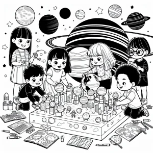Children assembling a solar system model with planets
