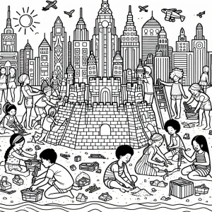 Children building a large sandcastle shaped like a futuristic city skyline