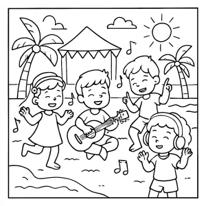 Kids enjoying beach music festival coloring page with dancing, music, and beach scene for children to print and color