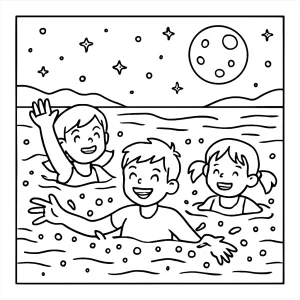 Kids bioluminescent night swim coloring page with children swimming in glowing water under starry sky