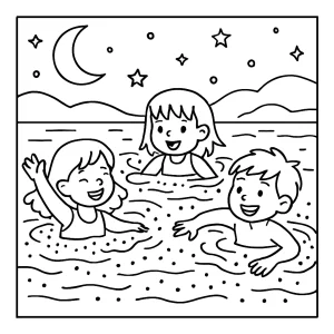 Coloring page featuring kids enjoying a bioluminescent night swim in glowing water under the stars