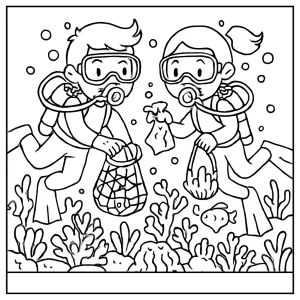 Kids enjoying coral reef clean-up dive coloring page – free printable