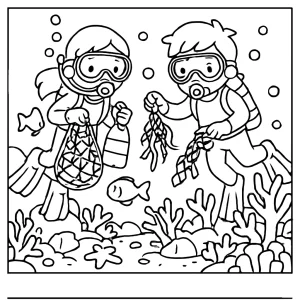 Kids cleaning up a coral reef dive coloring page with children in scuba gear collecting trash and surrounded by sea life