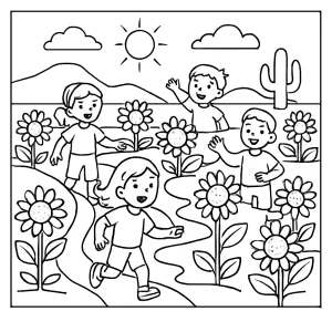 Free printable coloring page of kids enjoying a desert sunflower maze