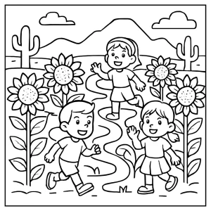 Kids enjoying desert sunflower maze coloring page, free printable for children
