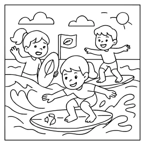 Kids enjoying eco-surf competition coloring page with surfboards, beach and cheering children