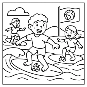 Eco-surf competition kids coloring page showing children surfing on waves with eco-friendly boards and beach scenery