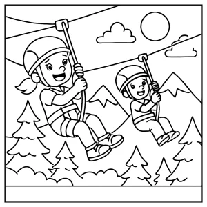 Kids enjoying a mountain zipline adventure coloring page with children riding a zipline over scenic mountains.