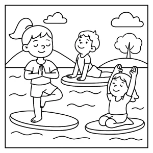 Kids paddleboard yoga class coloring page with children doing yoga poses on paddleboards on a calm lake.