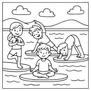 Kids paddleboard yoga class coloring page for free printable fun