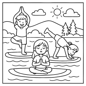 Kids enjoying paddleboard yoga class coloring page, free printable for children