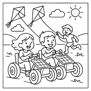 Kids racing solar-powered kites coloring page – free printable for children