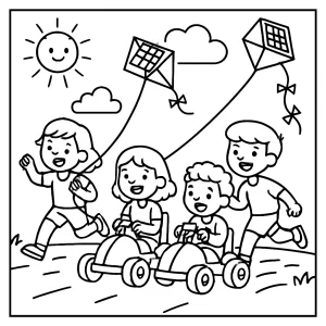 Kids enjoying a solar-powered kite race coloring page with children flying kites outdoors