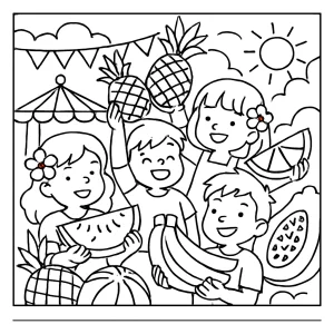 Kids enjoying tropical fruit carnival coloring page with pineapples, watermelons, and festive decorations