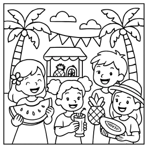 Kids enjoying tropical fruit carnival coloring page with children, pineapples, watermelons, bananas, and festive decorations