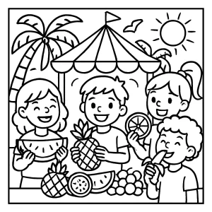 Kids at a tropical fruit carnival coloring page showing children with pineapples, watermelons, and bananas
