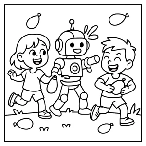 Kids and robots having a water balloon war coloring page for free printable fun