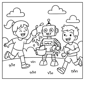 Kids and robots in a water balloon fight - coloring page for free printable fun