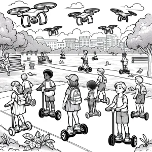 Kids riding hoverboards in a park with drones overhead