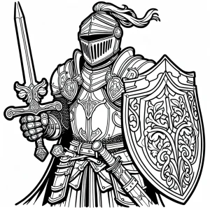 Knight holding a sword and shield coloring page