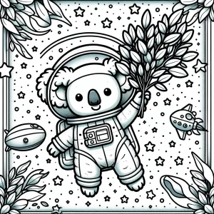 Koala astronaut floating in space holding eucalyptus leaves with a starry border