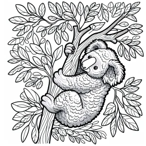 Koala bear hanging from a tree branch coloring page