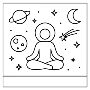 Minimal zen cosmos outline coloring page showing stars, planets, and moons in a peaceful, simple design for free printing and coloring.