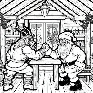 Krampus and Santa arm-wrestling at a playful North Pole tavern