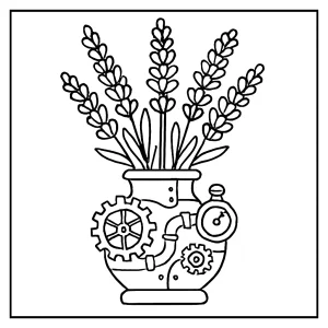 Lavender steampunk vase coloring page with gears and flowers for kids and adults to print and color