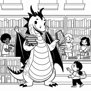 Library dragon helping children choose books in a library