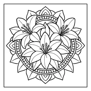 Lily mandala coloring page featuring detailed floral patterns for free printable coloring.