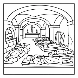 Capuchin Crypt Brno coloring page with stylized line art and clean outlines, printable and free for kids and adults