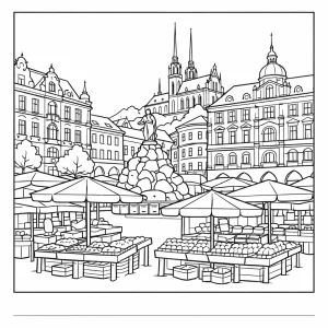 Brno Market Square coloring page with Zelný trh market stalls, umbrellas, and historic buildings for kids to color