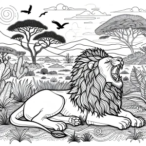 Lion roaring on the grassy savannah coloring page