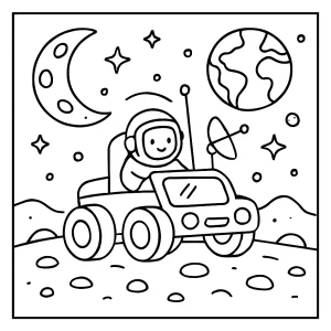 Lunar Rover Road Trip coloring page showing a rover on the moon's surface, free printable activity for kids