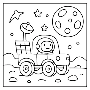 Lunar Rover Road Trip coloring page for kids featuring a space vehicle exploring the moon's surface.