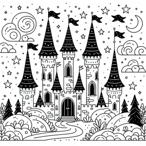 Magical castle with flags and stars coloring page