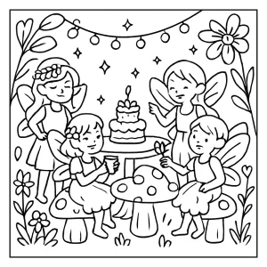 Magical fairy garden party coloring page with mushroom stools, twinkle lights, and fairies for kids to print and color.