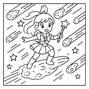 Magical girl surfing meteor shower coloring page, free printable for kids